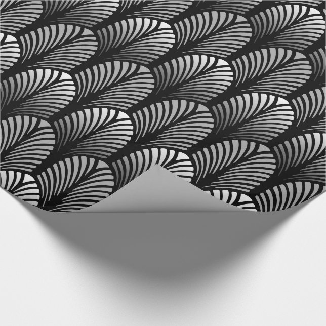 Art Deco Feather Pattern, Silver Grey and Black Wrapping Paper (Corner)