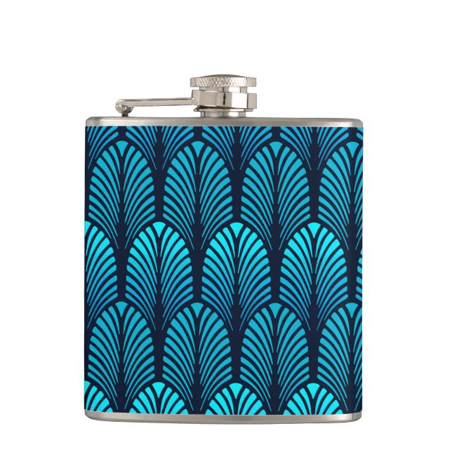 Art Deco Feather Pattern, Turquoise and Navy Hip Flask (Front)