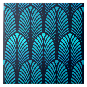 Art Deco Feather Pattern, Turquoise and Navy Tile