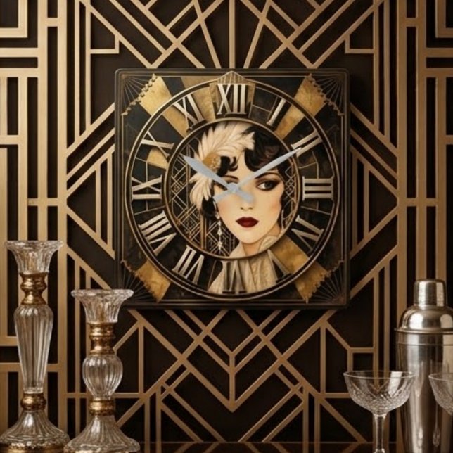 Art Deco Feathered Portrait  Square Wall Clock (Creator Uploaded)