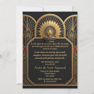 Art Deco Festival of Light Deepak Lotus Black Gold Invitation