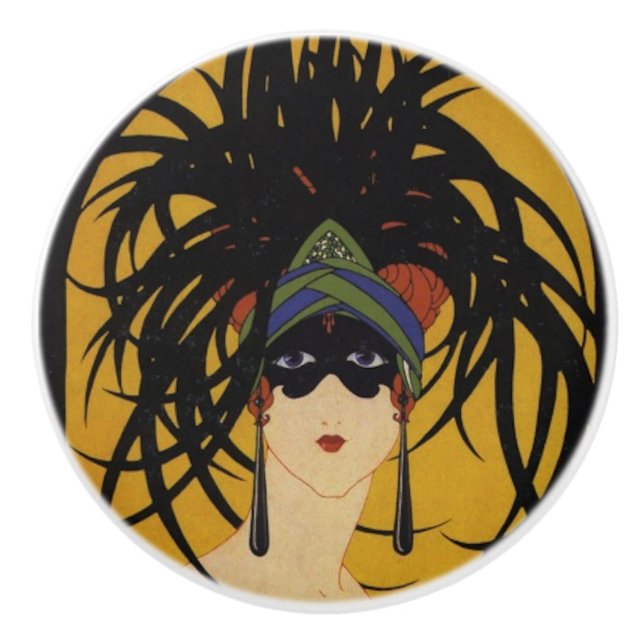 Art Deco Festive Lady Ceramic Knob (Front)