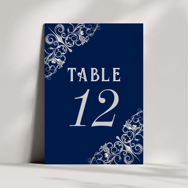Art Deco Filigree | Navy Blue and Silver Grey Table Number (Creator Uploaded)