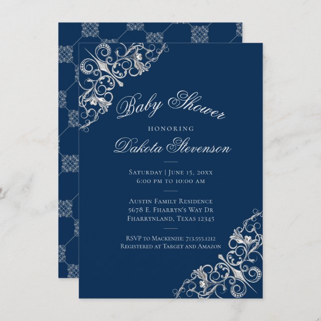Art Deco Filigree | Silver Navy Blue Baby Shower Invitation (Front/Back)
