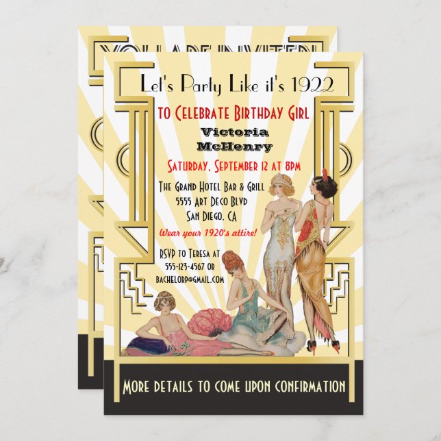Art Deco Flapper girl party invitations (Front/Back)