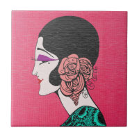 Art Deco Flapper Girl with Roses Ceramic Tile