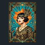 Art Deco Flapper Woman Portrait Gold Teal Poster<br><div class="desc">Capture the essence of the Roaring Twenties with this striking Art Deco portrait. Featuring a sophisticated flapper with a geometric bob haircut and a luxurious feather headpiece, she stands against a radiant orange sunburst and deep teal fan background. Framed by intricate black and gold geometric borders, this piece is the...</div>