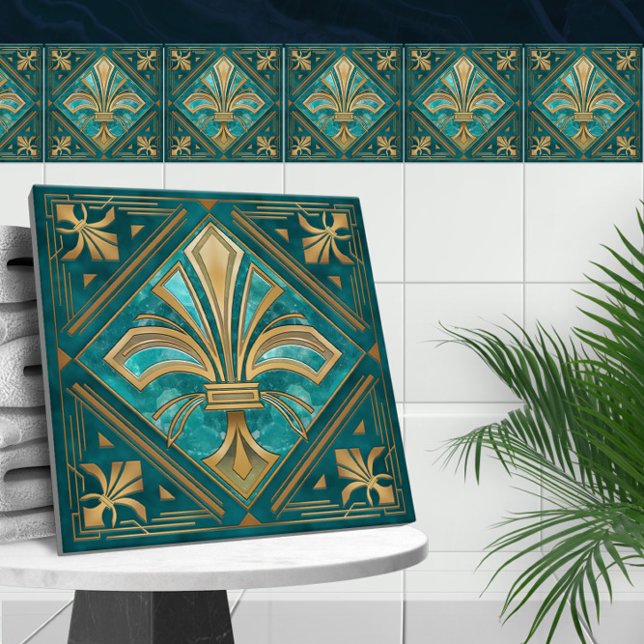 Art Deco Fleur-de-lis - Aquamarine and Gold Tile (Creator Uploaded)