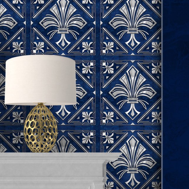 Art Deco Fleur-de-lis Blue and Pearl Wallpaper (Creator Uploaded)