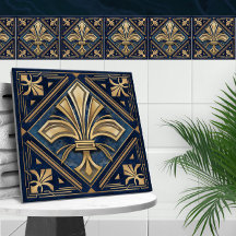 Art Deco Fleur-de-lis - Blue Marble and Gold