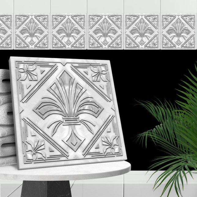 Art Deco Fleur-de-lis - white marble pearl Tile (Creator Uploaded)