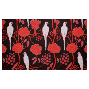 ART DECO FLORAL ,BLACK RED FLOWERS,WHITE PARROTS FABRIC
