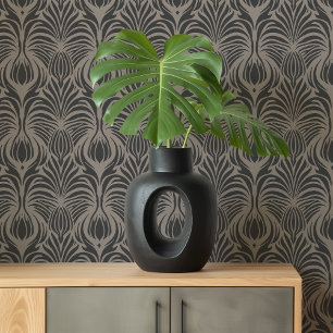 Art Deco Floral Feather Taupe & Charcoal Wallpaper