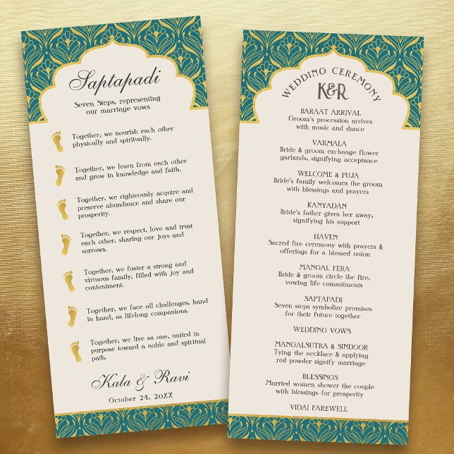 Art Deco Floral Lotus Indian & Hindu Wedding Programme (Teal blue gold art deco indian hindu wedding program card with saptapadi seven steps marriage vows)
