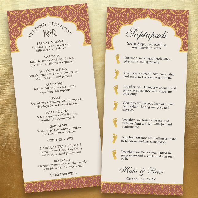 Art Deco Floral Lotus Indian & Hindu Wedding Programme (Rust red art deco indian hindu wedding program card with saptapadi seven steps vows, gold foil leaf)