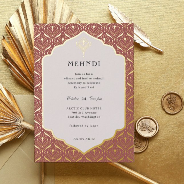 Art Deco Floral Lotus Mehndi Gold (mehndi invitation, indian wedding invitation, mehendi invitation, hindu wedding invitation, art deco)