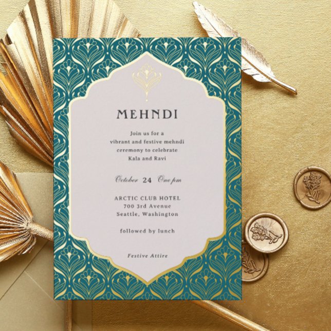 Art Deco Floral Lotus Mehndi Gold (mehndi invitation, indian wedding invitation, mehendi invitation, hindu wedding invitation, art deco)