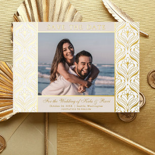 Art Deco Floral Lotus Wedding Save The Date Gold