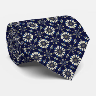 Art Deco Floral Pattern in Navy, Blue, Gold... Tie