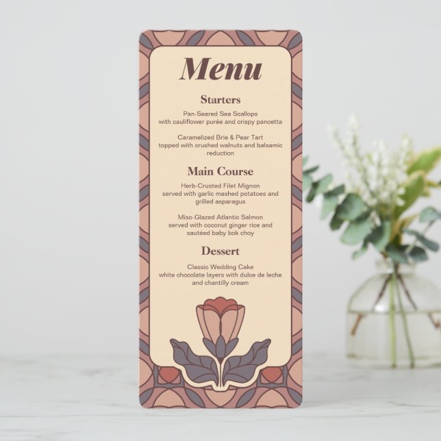 Art Deco Floral Stained Glass Wedding Menu Card (Standing Front)