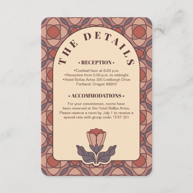 Art Deco Floral Wedding Details Card QR Code (Front)