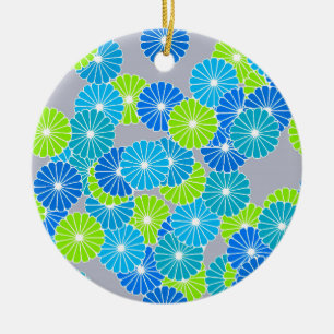 Art Deco flower pattern - blue and lime green Ceramic Tree Decoration