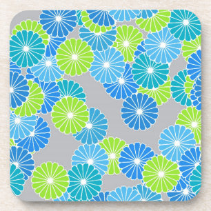 Art Deco flower pattern - blue and lime green Coaster