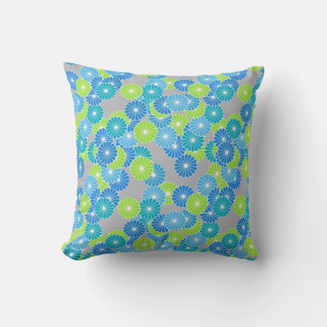 Art Deco flower pattern - blue and lime green Cushion (Front)