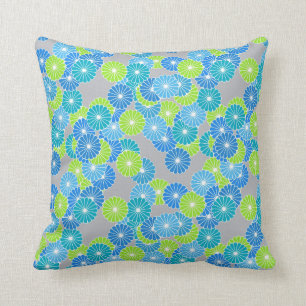 Art Deco flower pattern - blue and lime green Cushion