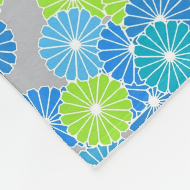 Art Deco flower pattern - blue and lime green Fleece Blanket (Corner)