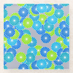 Art Deco flower pattern - blue and lime green Glass Coaster