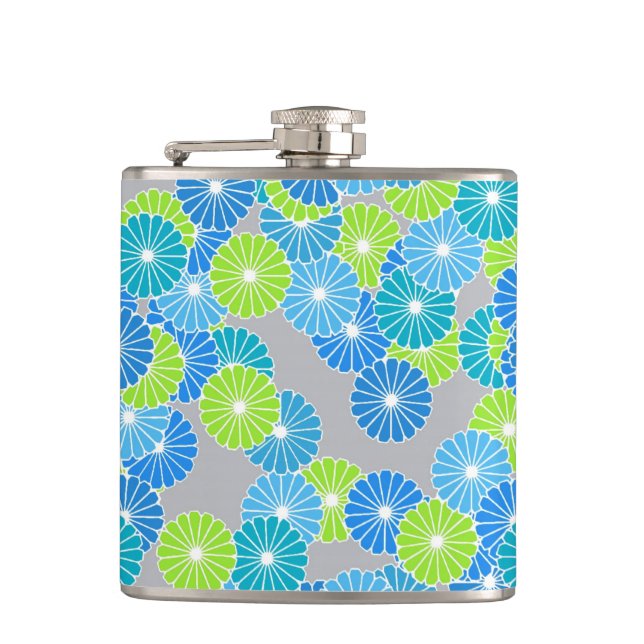 Art Deco flower pattern - blue and lime green Hip Flask (Front)