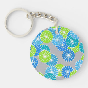 Art Deco flower pattern - blue and lime green Key Ring