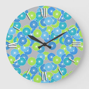 Art Deco flower pattern - blue and lime green Large Clock