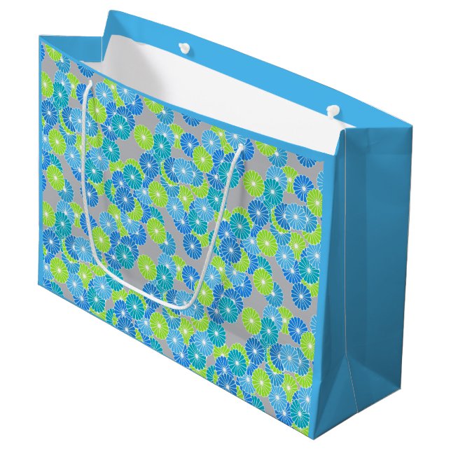 Art Deco flower pattern - blue and lime green Large Gift Bag (Front Angled)