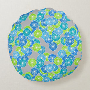 Art Deco flower pattern - blue and lime green Round Cushion