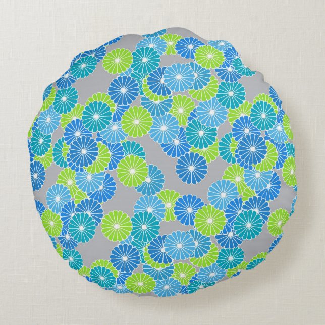 Art Deco flower pattern - blue and lime green Round Cushion (Back)