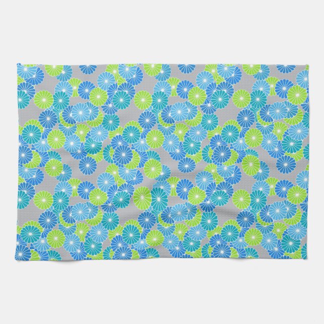 Art Deco flower pattern - blue and lime green Tea Towel (Horizontal)
