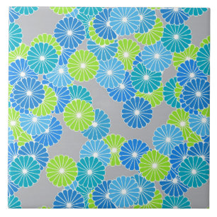 Art Deco flower pattern - blue and lime green Tile