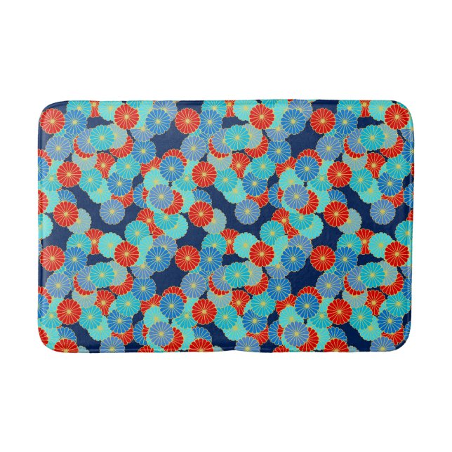 Art Deco flower pattern - blue, turquoise and red Bath Mat (Front)