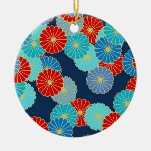 Art Deco flower pattern - blue, turquoise and red Ceramic Tree Decoration