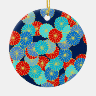 Art Deco flower pattern - blue, turquoise and red Ceramic Tree Decoration