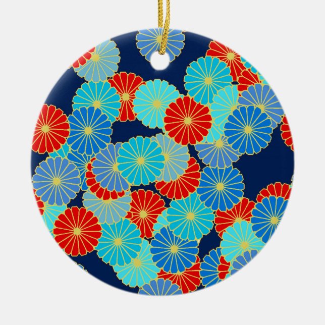 Art Deco flower pattern - blue, turquoise and red Ceramic Tree Decoration (Front)