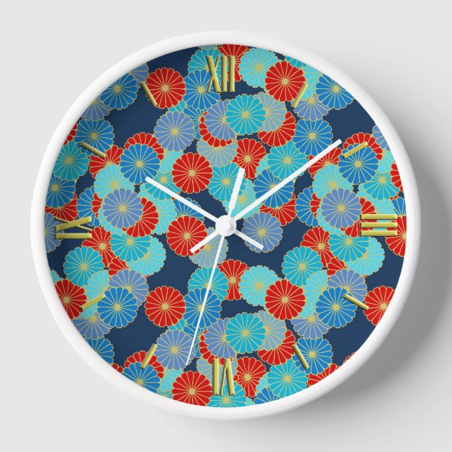 Art Deco flower pattern - blue, turquoise and red Clock (Front)