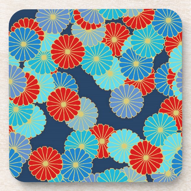 Art Deco flower pattern - blue, turquoise and red Coaster (Front)