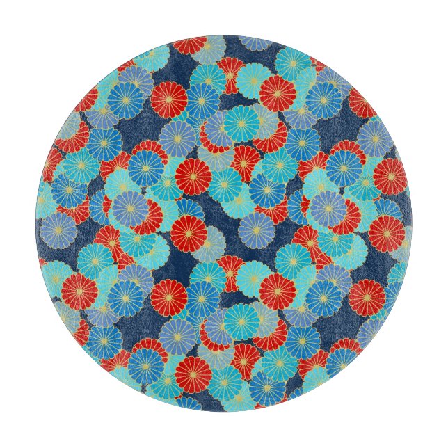 Art Deco flower pattern - blue, turquoise and red Cutting Board (Front)
