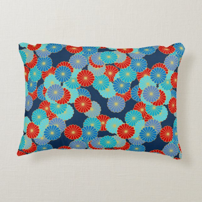 Art Deco flower pattern - blue, turquoise and red Decorative Cushion (Back)