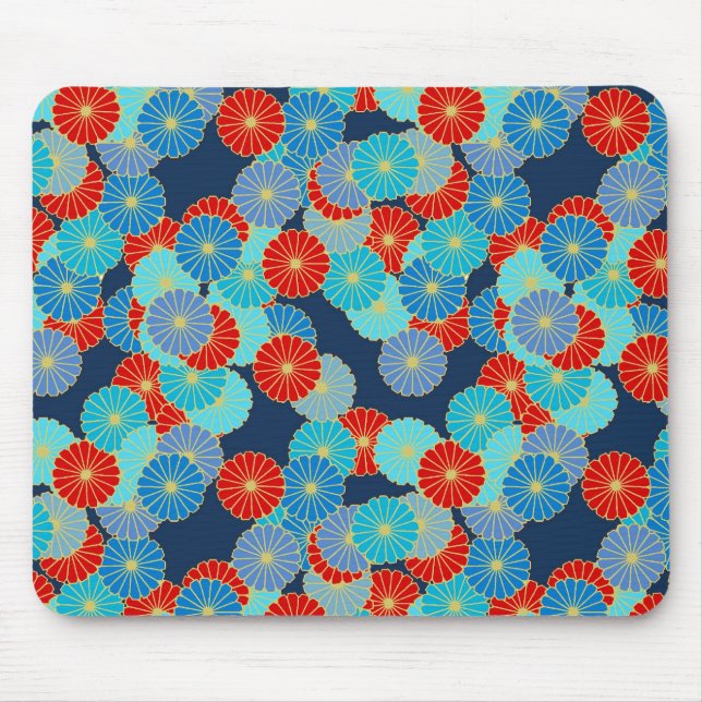 Art Deco flower pattern - blue, turquoise and red Mouse Pad (Front)
