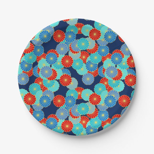 Art Deco flower pattern - blue, turquoise and red Paper Plate (Front)