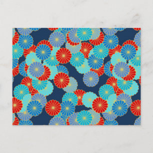Art Deco flower pattern - blue, turquoise and red Postcard